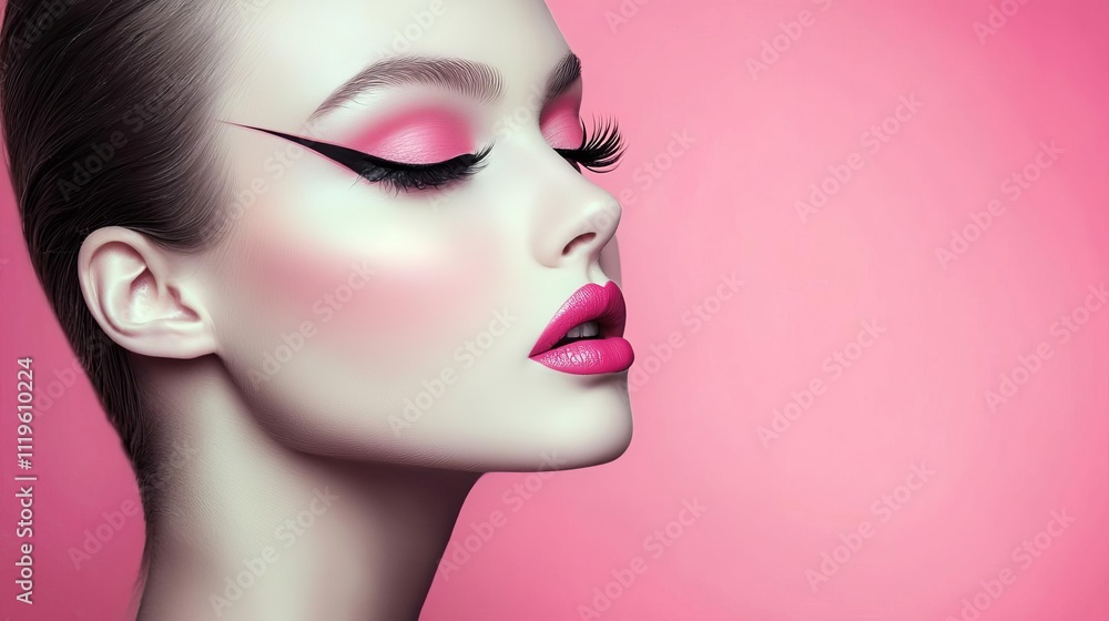 Stylish close-up of a woman's profile showcasing vibrant makeup against a pink background, emphasizing beauty and fashion trends. Stylish close-up of a woman's profile showcasing vibrant makeup against a pink background, emphasizing beauty and fashion trends.
