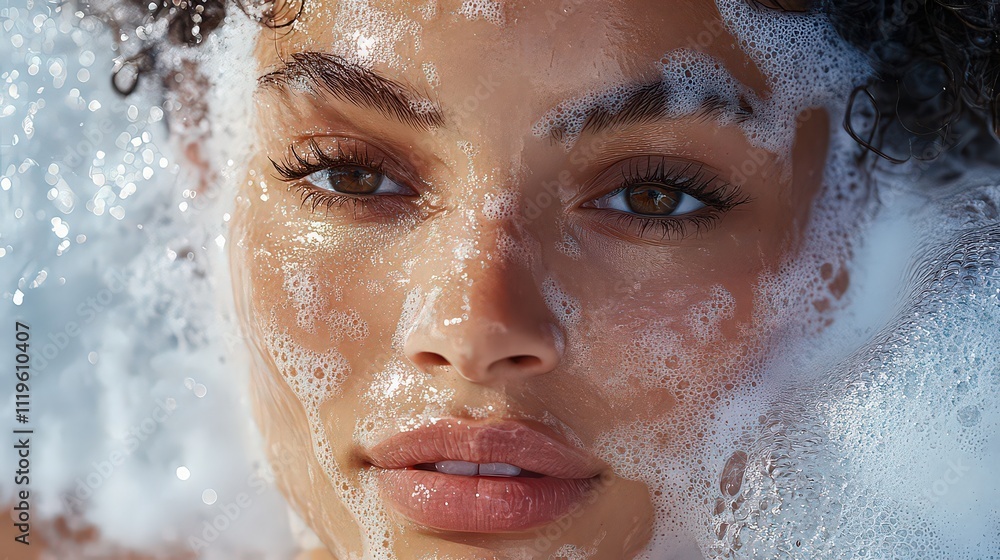 Frothy cleanser spreading across wet skin with a translucent sheen, glistening under soft water reflection. Frothy cleanser spreading across wet skin with a translucent sheen, glistening under soft water reflection.