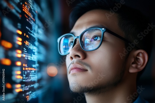 Individual with glasses focused on digital data and coding on a screen in a dimly lit environment