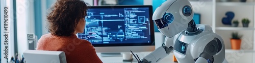 Human interacts with robot at computer in futuristic setting.