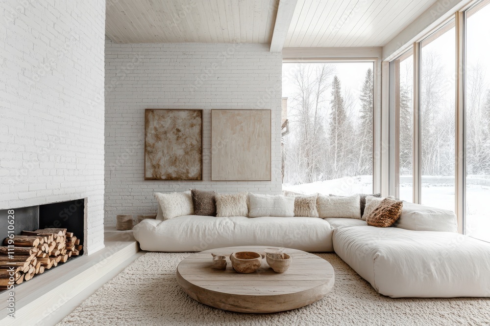Fototapeta premium Cozy minimalist living room white sectional sofa wooden coffee table large windows