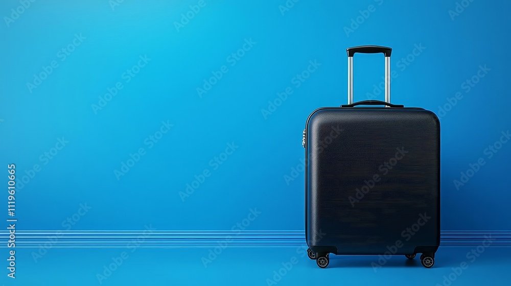 A sleek black suitcase stands against a vibrant blue wall, perfect for travel enthusiasts and adventurers ready for their next journey. A sleek black suitcase stands against a vibrant blue wall, perfect for travel enthusiasts and adventurers ready for their next journey.