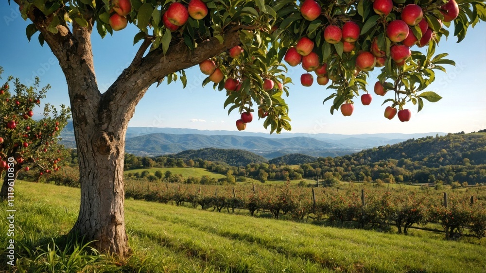 Fototapeta premium Beautiful apple orchard landscape with ripe red fruit hanging from tree branches overlooking rolling hills and mountains under clear blue summer sky