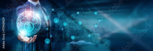 Wallpaper Mural Businessman hand holding global network connection on cryptocurrency, blockchain, decentralized finance, digital wallets, peer-to-peer transactions, fintech,  payments, technology, and innovations Torontodigital.ca