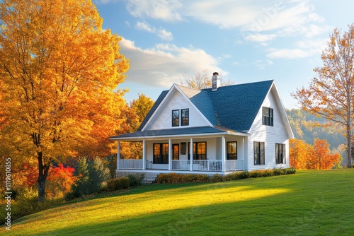 Cozy modern farmhouse autumn scenery vibrant fall foliage white exterior