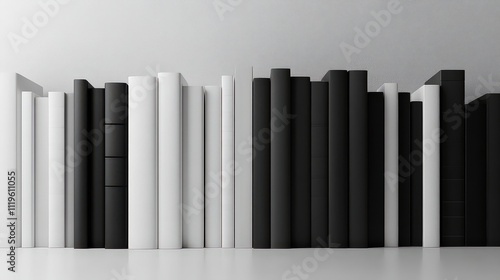  Monochrome books arranged in a minimalist stack, with an elegant bookmark peeking from the middle.