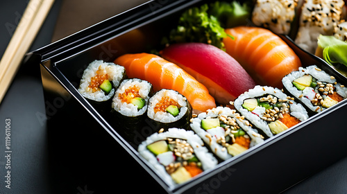 A colorful sushi bento box with a variety of maki sushi rolls