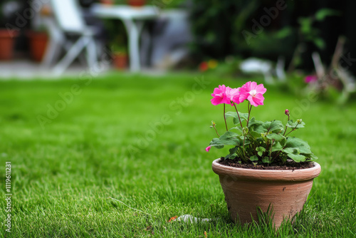Fototapeta Naklejka Na Ścianę i Meble -  Pink flowers in a decorative pot on green grass with blurred garden background, perfect for tranquil outdoor and gardening themes in stock photography.