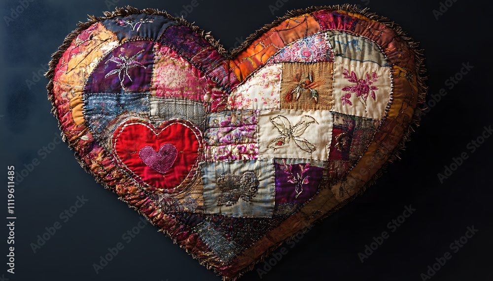 Fototapeta premium This vibrant, handcrafted heart-shaped patchwork symbolizes creativity and love