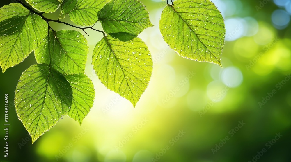 Closeup of fresh green leaves with dewdrops, sunlight glistening for a refreshing nature effect close up, morning freshness, realistic, Silhouette, foliage backdrop Closeup of fresh green leaves with dewdrops, sunlight glistening for a refreshing nature effect close up, morning freshness, realistic, Silhouette, foliage backdrop