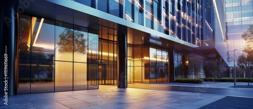 Wallpaper Mural Early evening light bathes a sleek modern building's entrance, casting soft reflections on its smooth glass walls. Torontodigital.ca