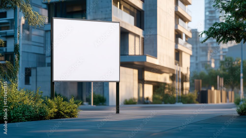 A blank white billboard stands on a sidewalk, ready for advertisement placement. A blank white billboard stands on a sidewalk, ready for advertisement placement.