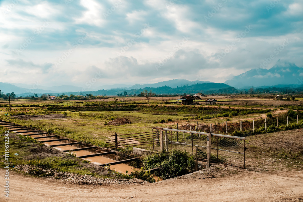 Green rice fields and mountains, Vang Vieng, Green rice fields and mountains, Vang Vieng,