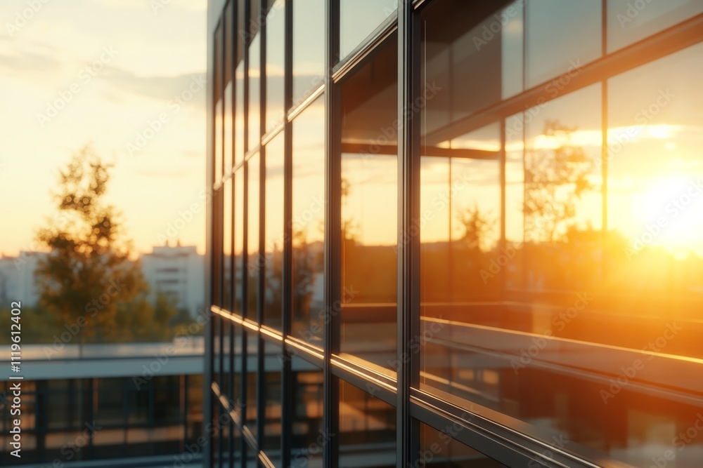 Bright sunset reflecting off modern glass building in a tranquil urban setting during late afternoon Bright sunset reflecting off modern glass building in a tranquil urban setting during late afternoon