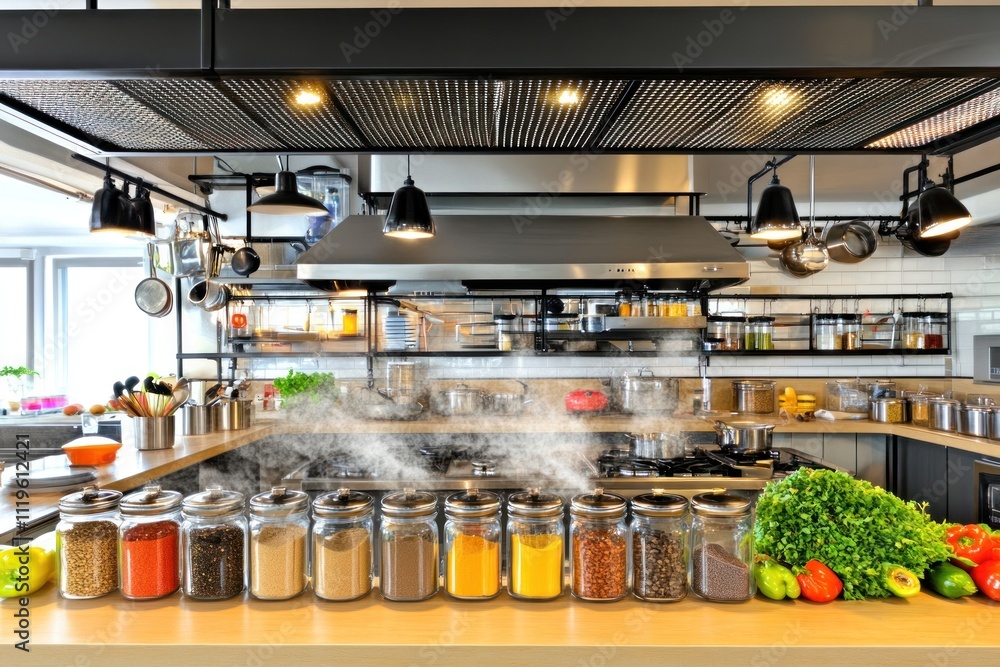Modern kitchen with various spice jars and fresh ingredients, showcasing culinary preparation. Modern kitchen with various spice jars and fresh ingredients, showcasing culinary preparation.