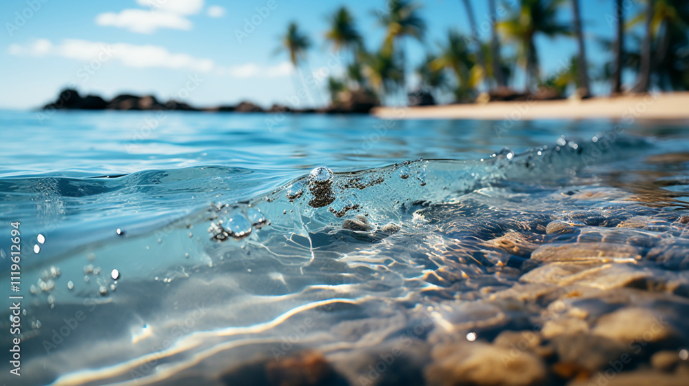 Fototapeta premium Coconut palm tree sand blue water tropical blur background