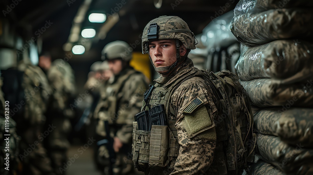 Soldiers in dimly lit barracks, donning helmets and tactical gear, with weapons and supplies stacked neatly in the background. Soldiers in dimly lit barracks, donning helmets and tactical gear, with weapons and supplies stacked neatly in the background.
