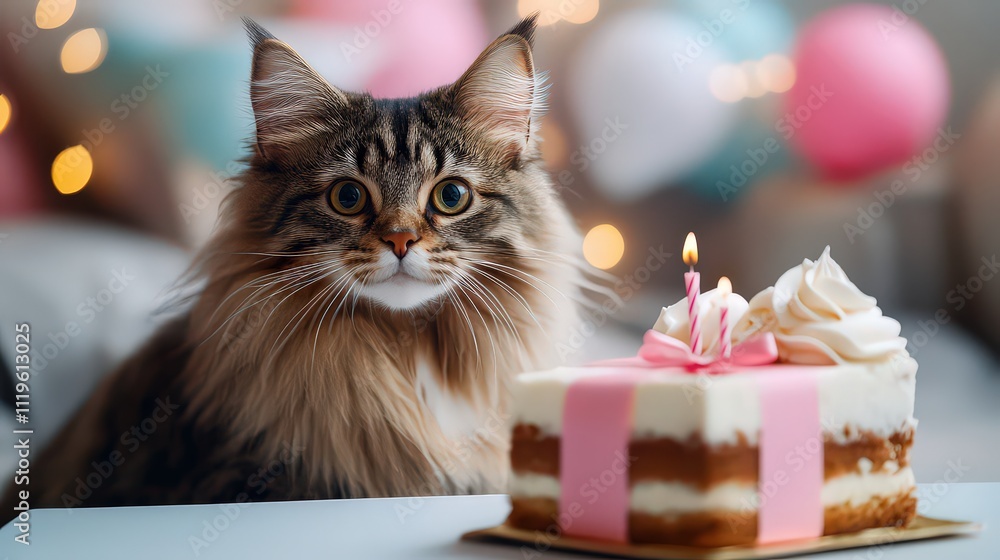 Fluffy cat celebrating a birthday with a slice of cake, pink candles, and festive balloons in the background, creating a playful and joyful moment. Fluffy cat celebrating a birthday with a slice of cake, pink candles, and festive balloons in the background, creating a playful and joyful moment.