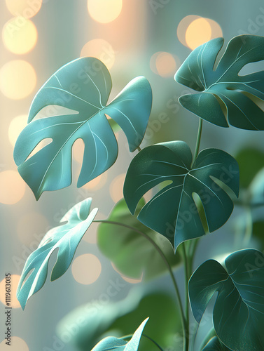 Teal Monstera deliciosa plant leaves with bokeh background. photo