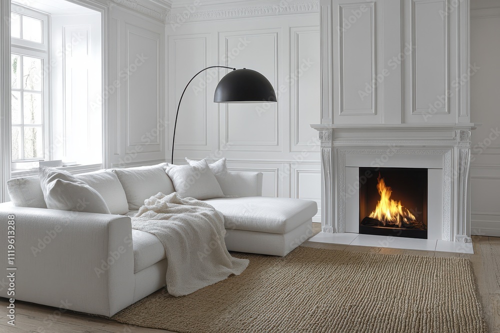 Elegant living room white wainscoting cozy fireplace with flames modern white sofa Elegant living room white wainscoting cozy fireplace with flames modern white sofa