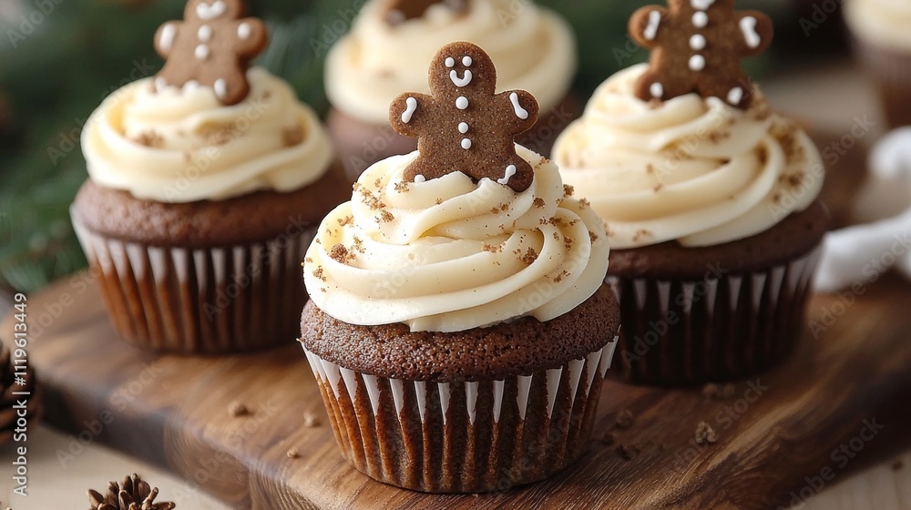 Festive gingerbread cupcakes are beautifully topped with swirls of cream and decorated with charming gingerbread figures, creating a warm holiday atmosphere perfect for gatherings Festive gingerbread cupcakes are beautifully topped with swirls of cream and decorated with charming gingerbread figures, creating a warm holiday atmosphere perfect for gatherings