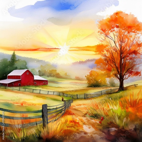 This beautiful watercolor captures a serene farm scene at sunrise, ideal for ecobranding and food blogs photo