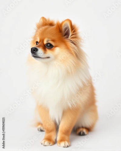 Cute brown small breed pomeranian dog white background