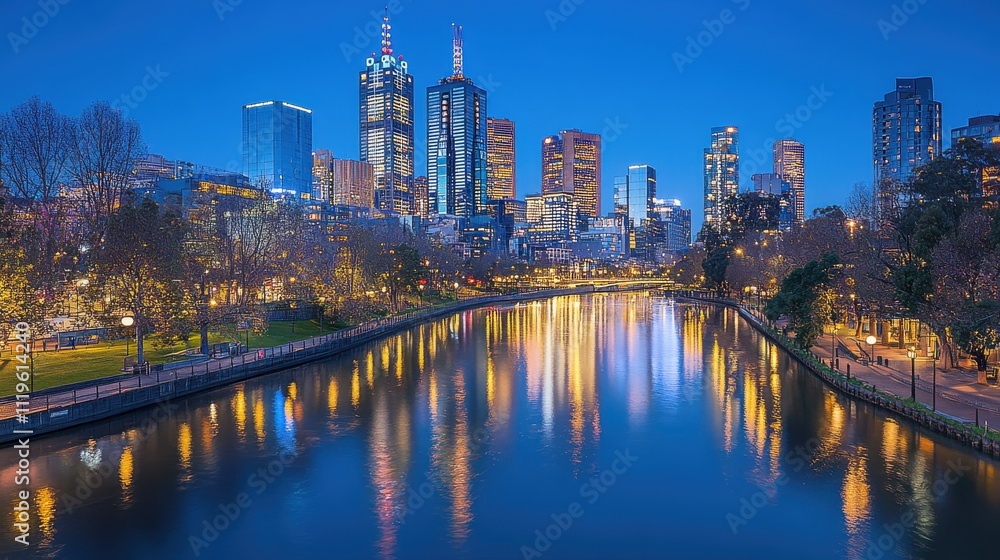 Naklejka premium Cityscape along a river with reflections of highrise lights shimmering on the water, evoking tranquility copy space, reflective city, ethereal, Blend mode, riverfront backdrop