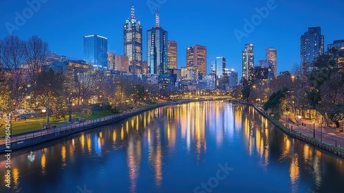 Cityscape along a river with reflections of highrise lights shimmering on the water, evoking tranquility copy space, reflective city, ethereal, Blend mode, riverfront backdrop