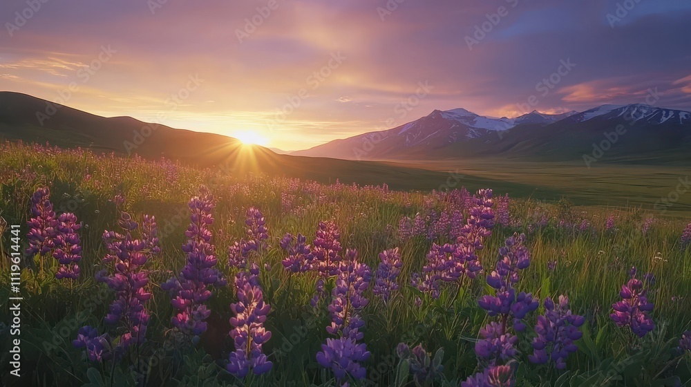 Lush purple lupine flowers blanket a grassy field at sunrise, with majestic mountains in the background. Sunlight beams through the clouds, creating a breathtaking landscape. Lush purple lupine flowers blanket a grassy field at sunrise, with majestic mountains in the background. Sunlight beams through the clouds, creating a breathtaking landscape.