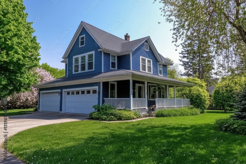 Large blue two story suburban house white trim double garage wrap around porch lush green lawn Large blue two story suburban house white trim double garage wrap around porch lush green lawn