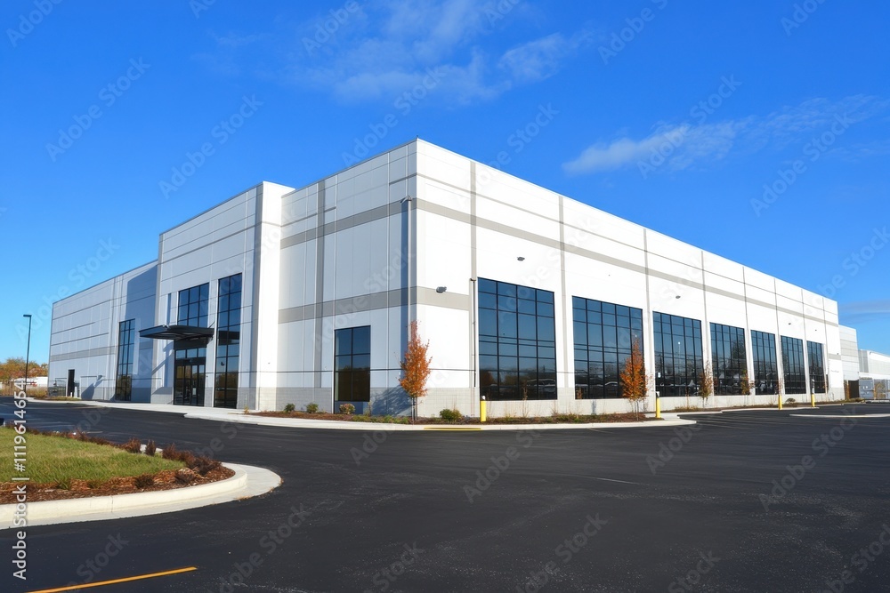 Large industrial warehouse modern white exterior blue sky background Large industrial warehouse modern white exterior blue sky background