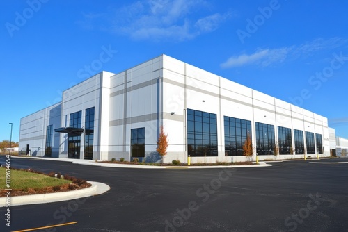 Wallpaper Mural Large industrial warehouse modern white exterior blue sky background Torontodigital.ca