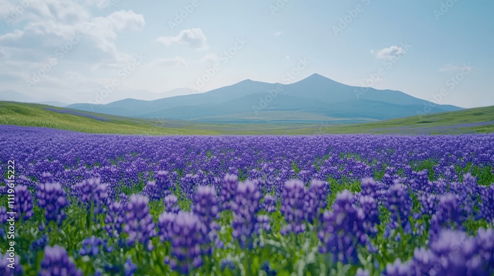 Endless field of purple lupines with mountains in the distance, an enchanting floral display selective focus, wild beauty, ethereal, Fusion, mountain valley backdrop Endless field of purple lupines with mountains in the distance, an enchanting floral display selective focus, wild beauty, ethereal, Fusion, mountain valley backdrop