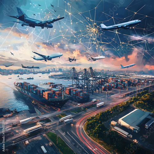Global Transportation Network with Planes and Ships

Illustration of global logistics featuring airplanes, container ships, trucks, and a digital network overlay connecting transportation modes.
