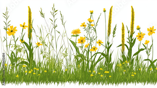 A Vibrant Collection of Yellow Wildflowers in a Grassy Meadow Scene