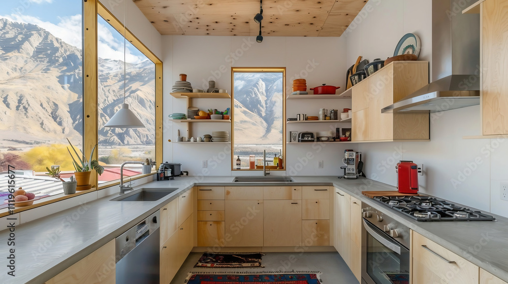 Minimalist modern kitchen with light wood cabinets, open shelves, large window Minimalist modern kitchen with light wood cabinets, open shelves, large window