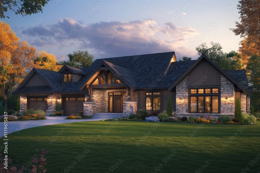 Luxurious craftsman style home expansive front lawn manicured landscaping stone accents Luxurious craftsman style home expansive front lawn manicured landscaping stone accents