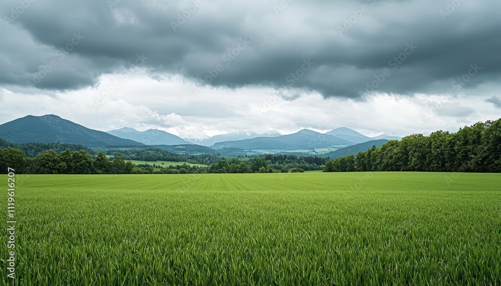 A beautiful green field with mountains in the distance, framed by a moody sky A beautiful green field with mountains in the distance, framed by a moody sky