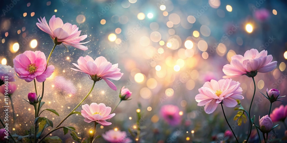 Delicate pink flowers with sparkling lights in a magical garden setting, pink, flowers, delicate, sparkling, lights, garden Delicate pink flowers with sparkling lights in a magical garden setting, pink, flowers, delicate, sparkling, lights, garden