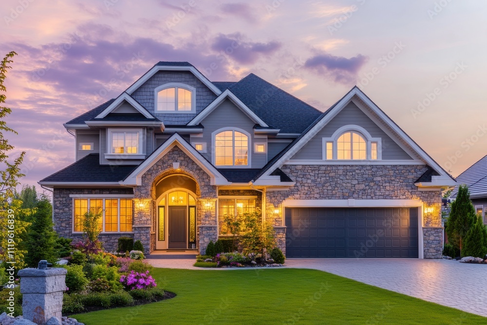 Luxurious modern suburban house stone and gray siding exterior large windows warm interior lighting Luxurious modern suburban house stone and gray siding exterior large windows warm interior lighting