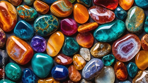 Vibrant collection of polished semi-precious gemstones and minerals displaying rich colors of turquoise, amber, and purple, with unique patterns and crystalline structures