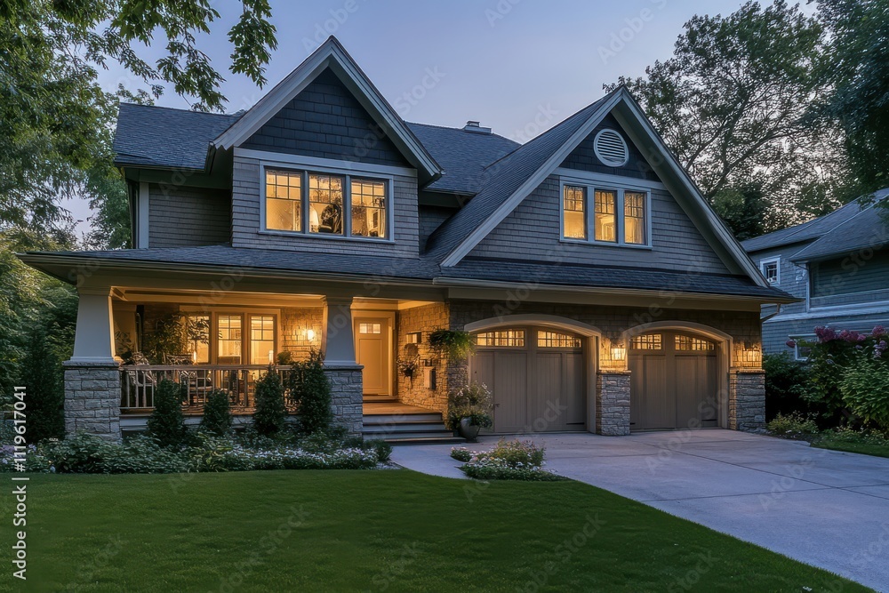 luxurious suburban home craftsman style architecture twilight exterior warm glowing windows luxurious suburban home craftsman style architecture twilight exterior warm glowing windows