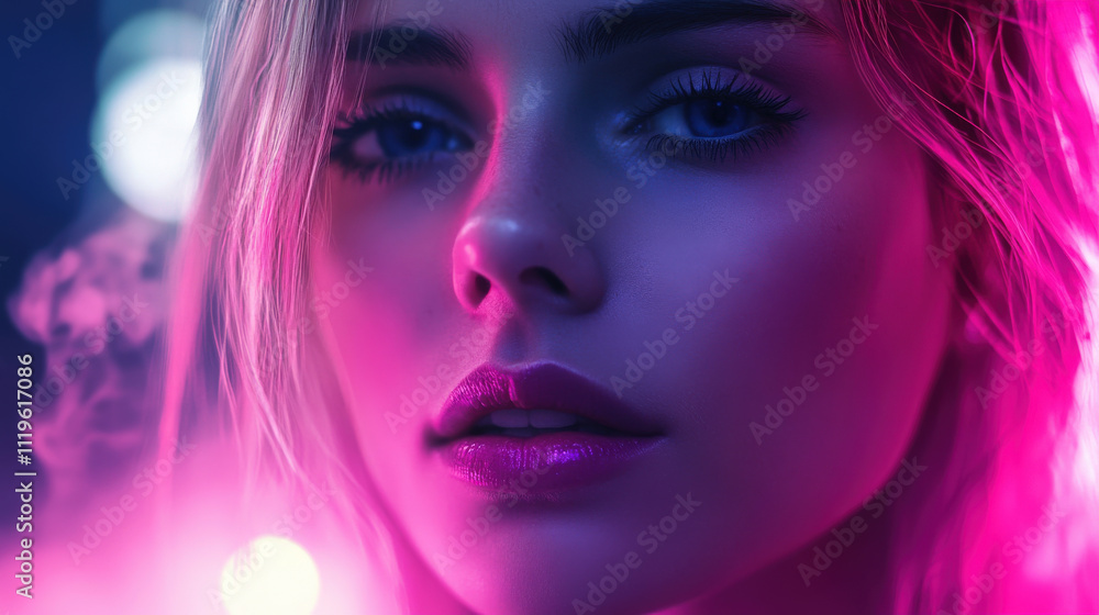 Close-up Portrait of a Young Woman with Soft Focus, Dramatic Lighting, and Colorful Glowing Background in a Studio Setting Close-up Portrait of a Young Woman with Soft Focus, Dramatic Lighting, and Colorful Glowing Background in a Studio Setting