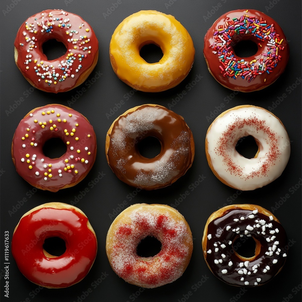 Nine Colorful Donuts on a Black Background A Delicious Variety of Glazed Doughnut Assortment Nine Colorful Donuts on a Black Background A Delicious Variety of Glazed Doughnut Assortment