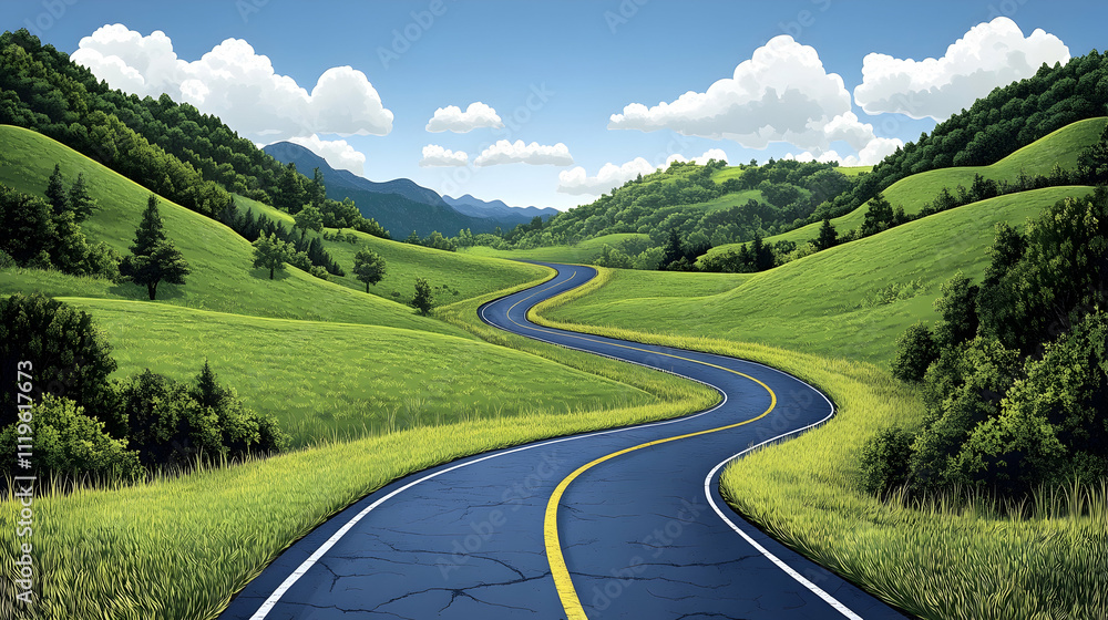Winding road through idyllic green hills and mountains under a blue sky. Winding road through idyllic green hills and mountains under a blue sky.