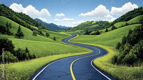 Winding road through idyllic green hills and mountains under a blue sky.