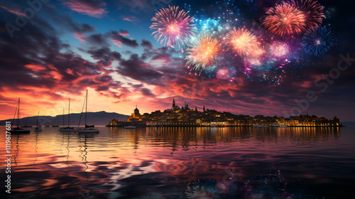 Colorful fireworks over of water in the sky photo