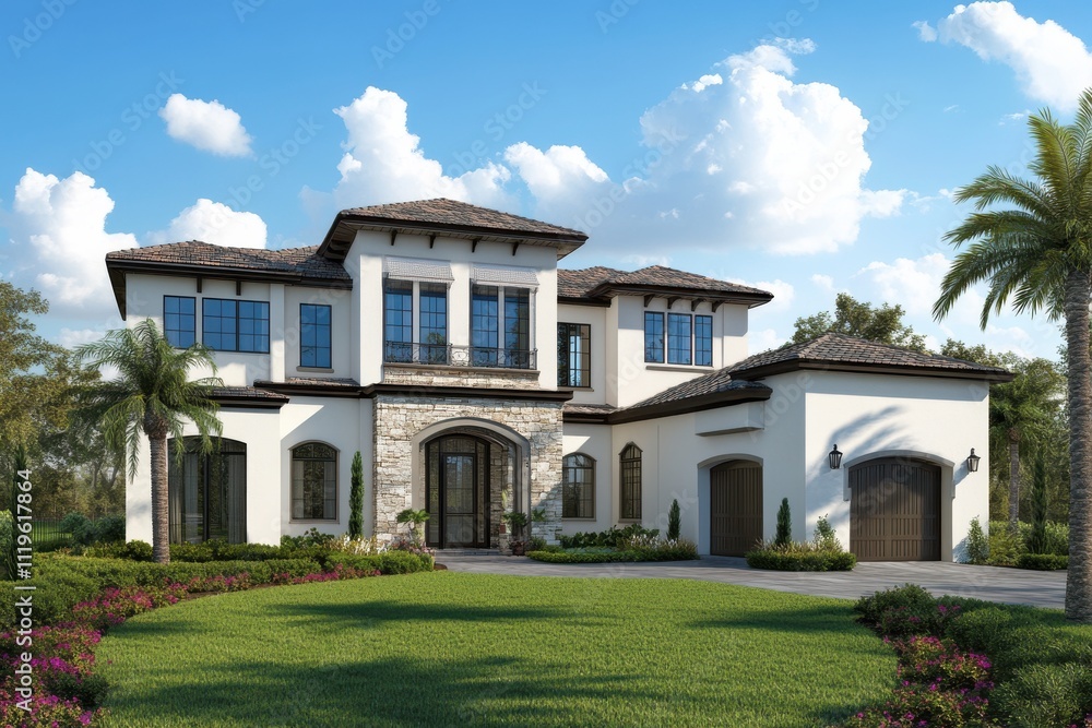 Luxury modern mansion palm trees tropical setting white exterior stone accents large windows Luxury modern mansion palm trees tropical setting white exterior stone accents large windows