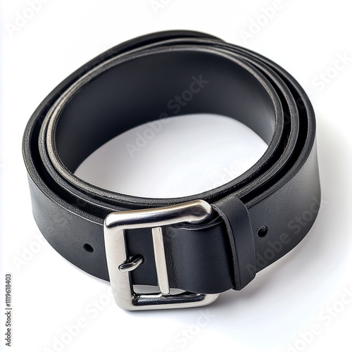 Black leather belt with silver buckle rolled up isolated on white background. photo